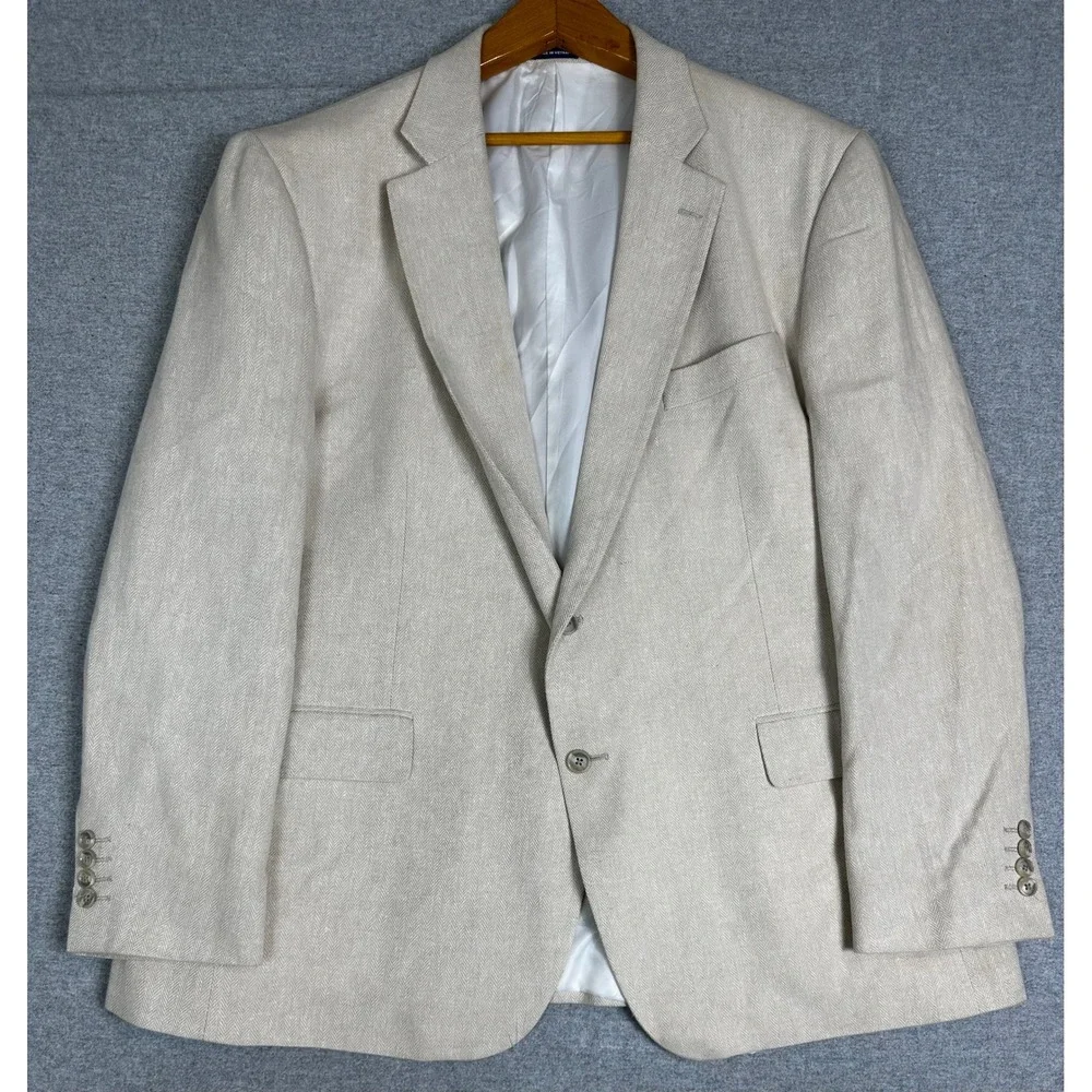 Stafford Sport Coat Mens 48R Beige Linen Blend Herringbone Blazer